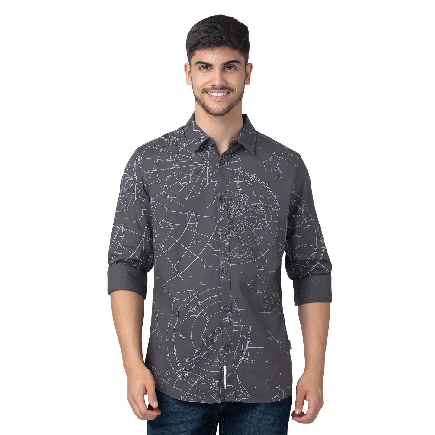 Grey Slim Straight Fit Regular Collar Long Sleeves Cotton Men's Shirt by Being Human Clothing