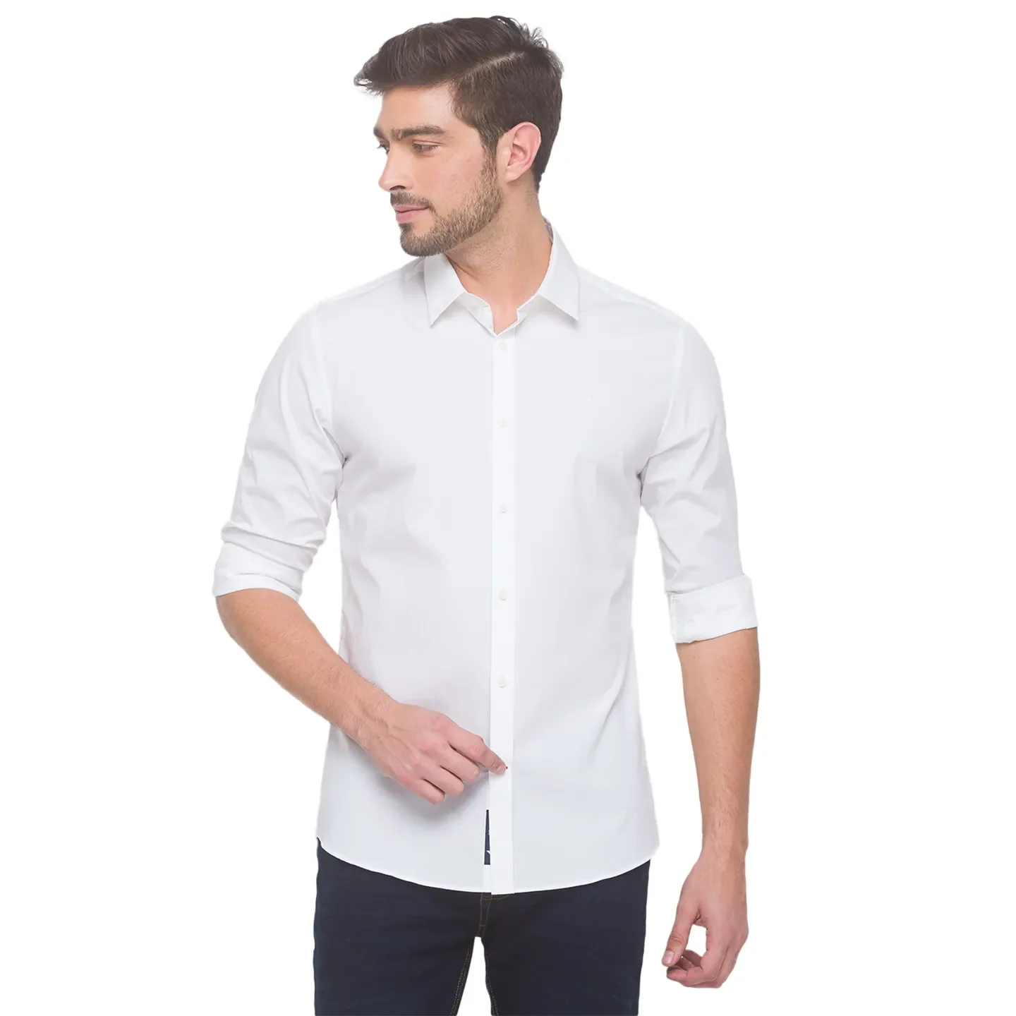 White Slim Straight Fit Regular Collar Long Sleeves Cotton Men's Shirt by Being Human Clothing