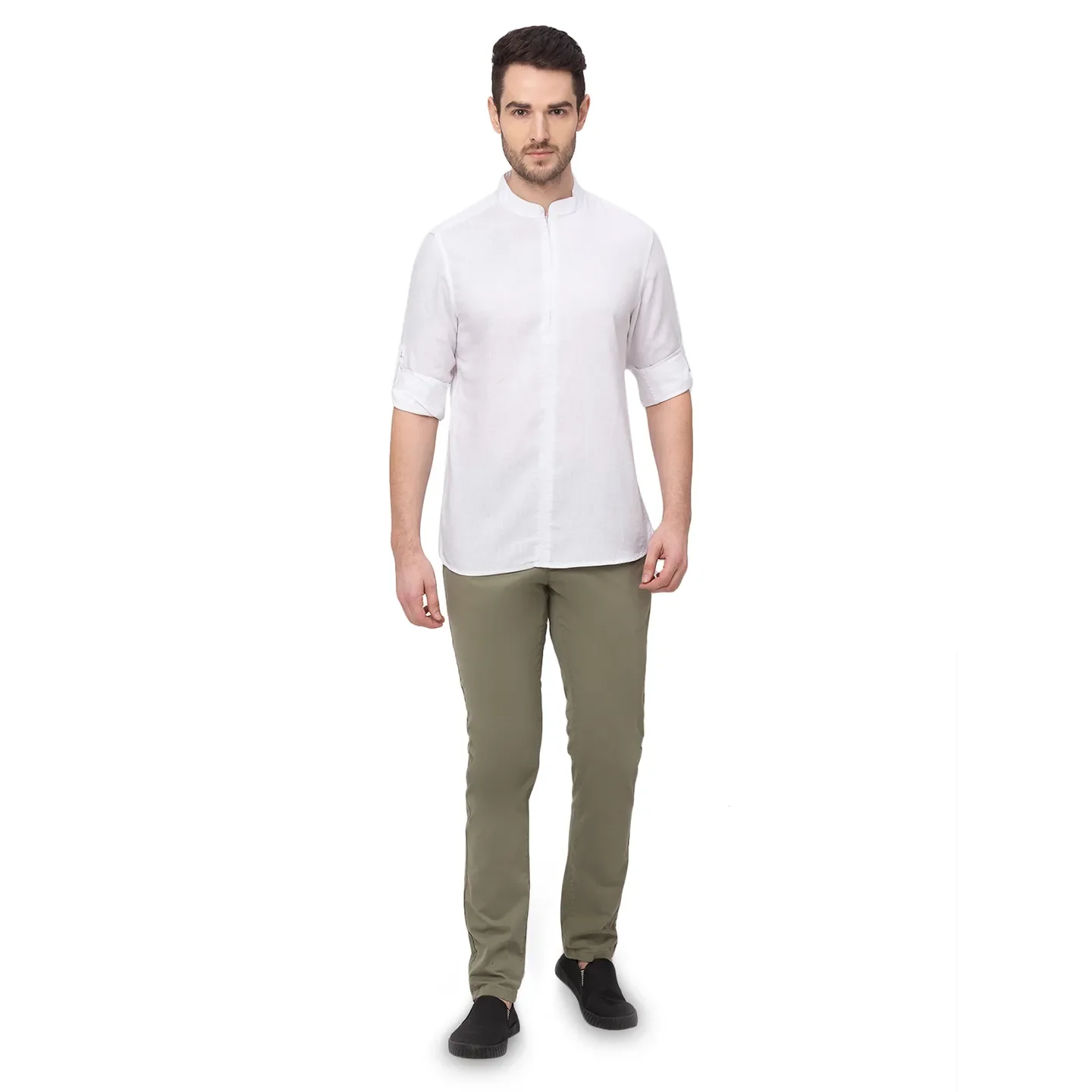 White Slim Straight Fit Mandarin Collar Long Sleeves Lyocell Men's Shirt by Being Human Clothing - Image 6