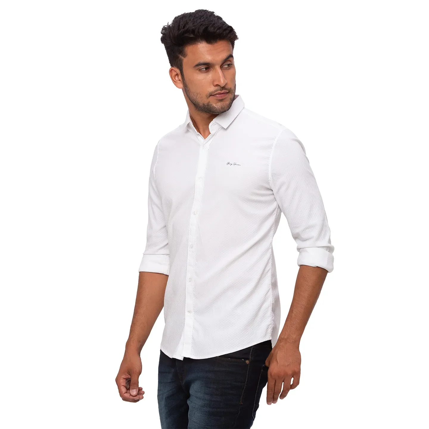White Slim Straight Fit Regular Collar Long Sleeves Cotton Men's Shirt by Being Human Clothing - Image 2