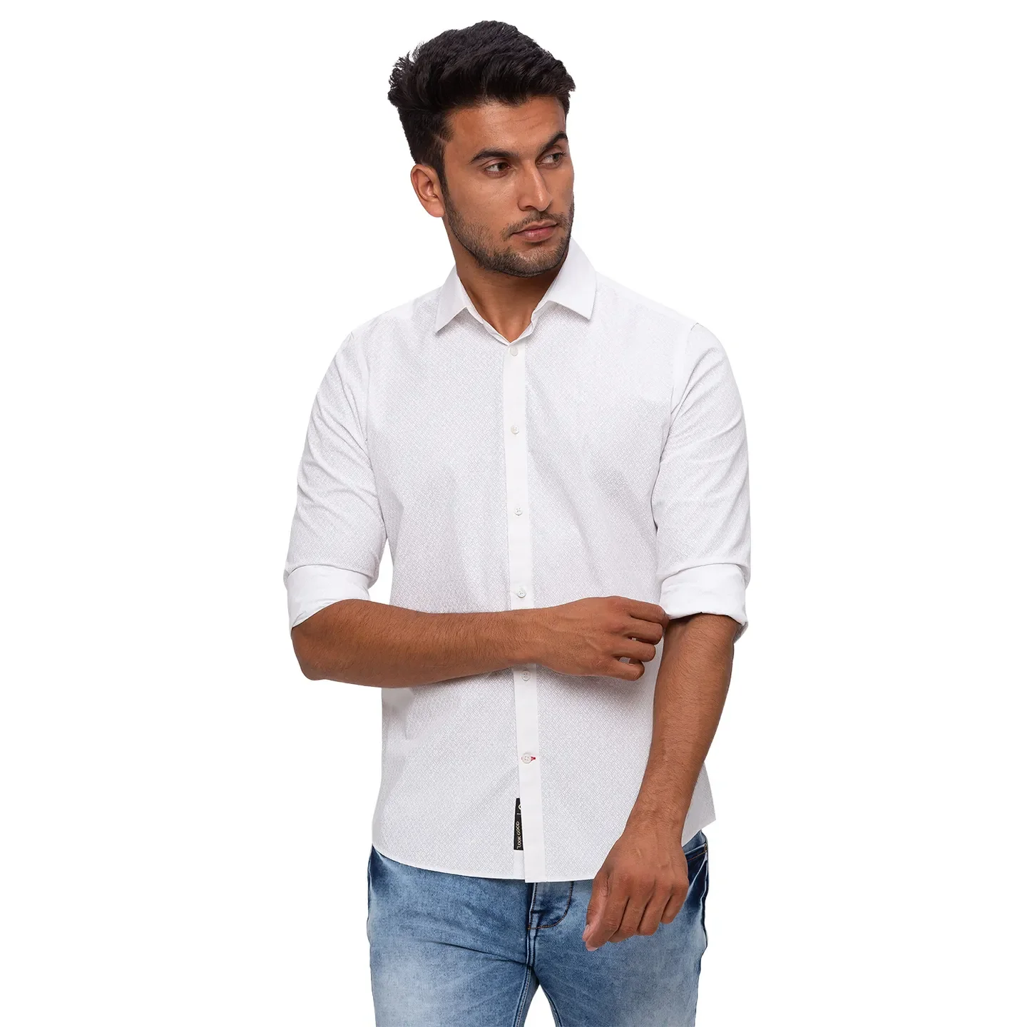 White Slim Straight Fit Regular Collar Long Sleeves Cotton Men's Shirt by Being Human Clothing