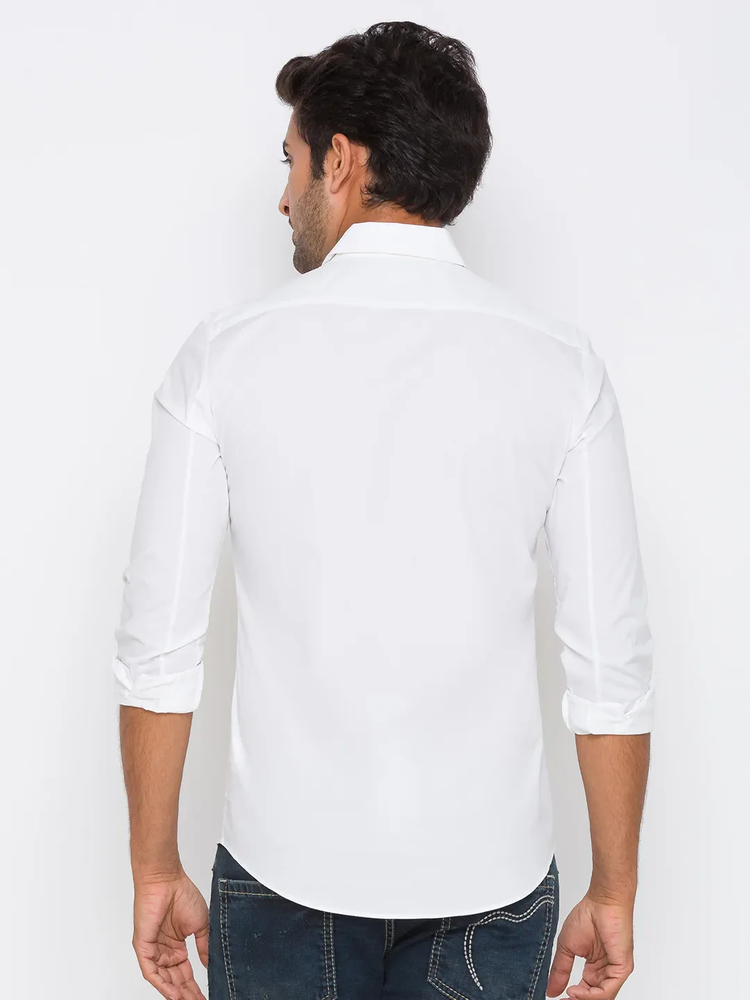 White Slim Straight Fit Regular Collar Long Sleeves Cotton Men's Shirt by Being Human Clothing - Image 3