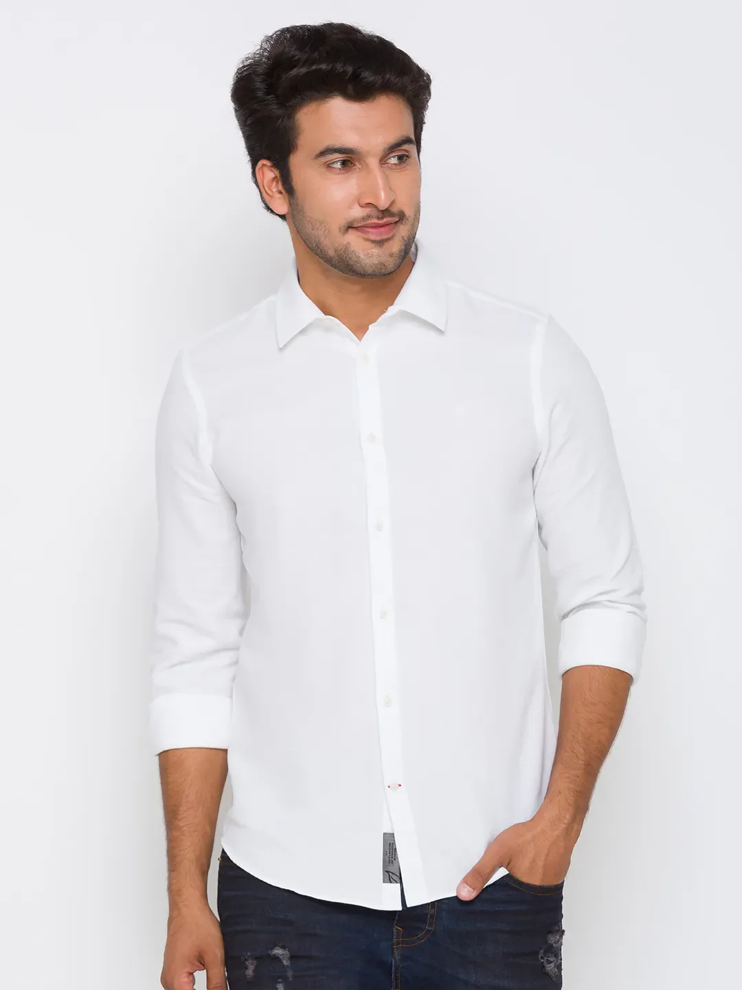 White Slim Straight Fit Regular Collar Long Sleeves Cotton Men's Shirt by Being Human Clothing