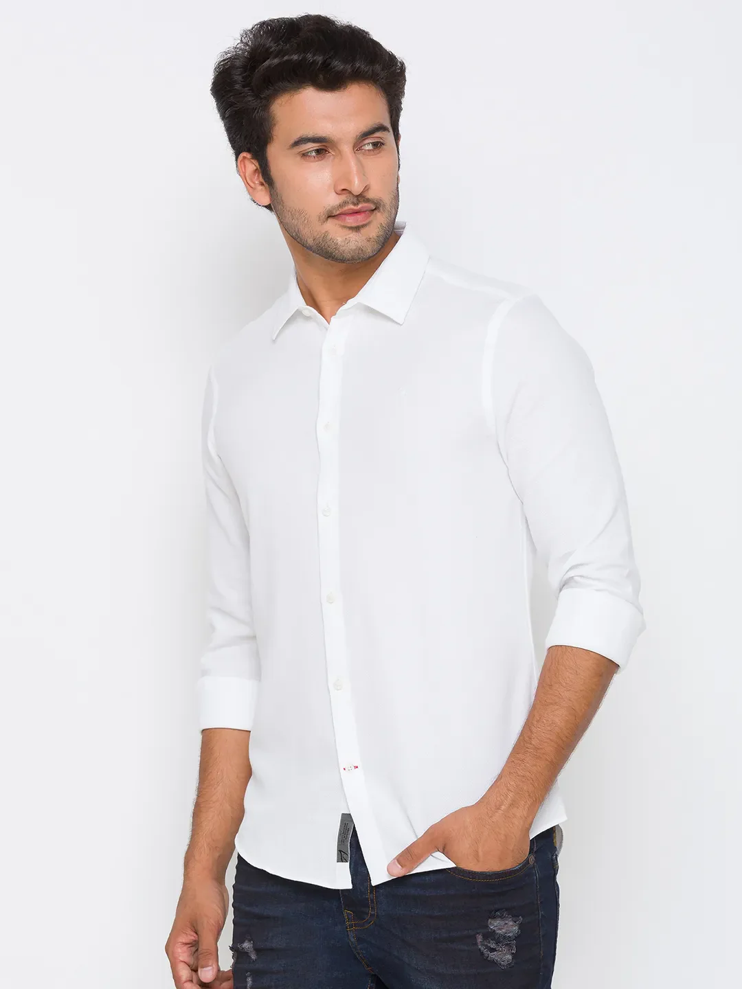 White Slim Straight Fit Regular Collar Long Sleeves Cotton Men's Shirt by Being Human Clothing - Image 2