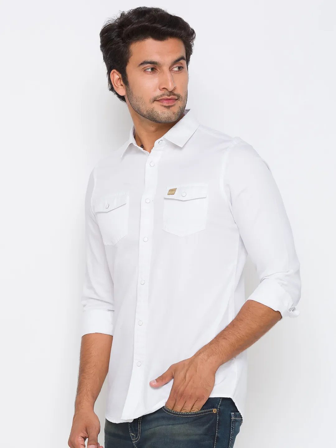 White Slim Straight Fit Regular Collar Long Sleeves Cotton Men's Shirt by Being Human Clothing - Image 2