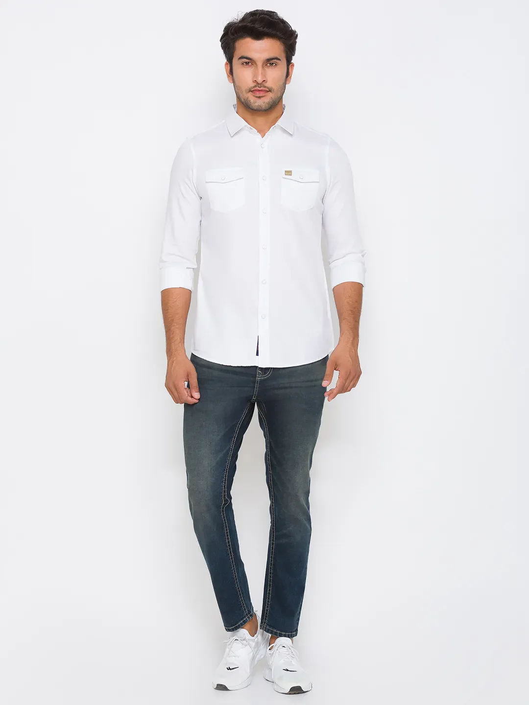 White Slim Straight Fit Regular Collar Long Sleeves Cotton Men's Shirt by Being Human Clothing - Image 5