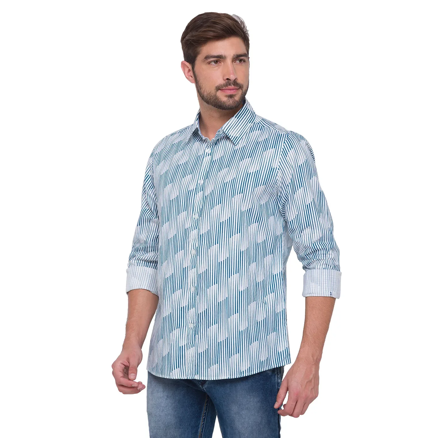 White Slim Straight Fit Regular Collar Long Sleeves Cotton Men's Shirt by Being Human Clothing
