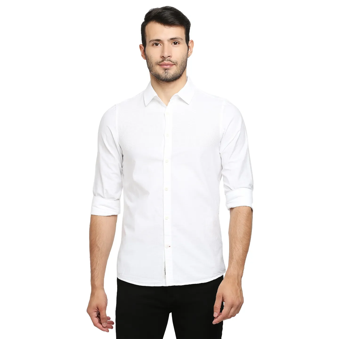 White Slim Straight Fit Regular Collar Long Sleeves Cotton Men's Shirt by Being Human Clothing