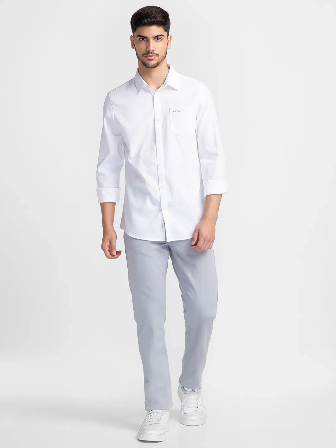 White Slim Straight Fit Regular Collar Long Sleeves Cotton Men's Shirt by Being Human Clothing - Image 2