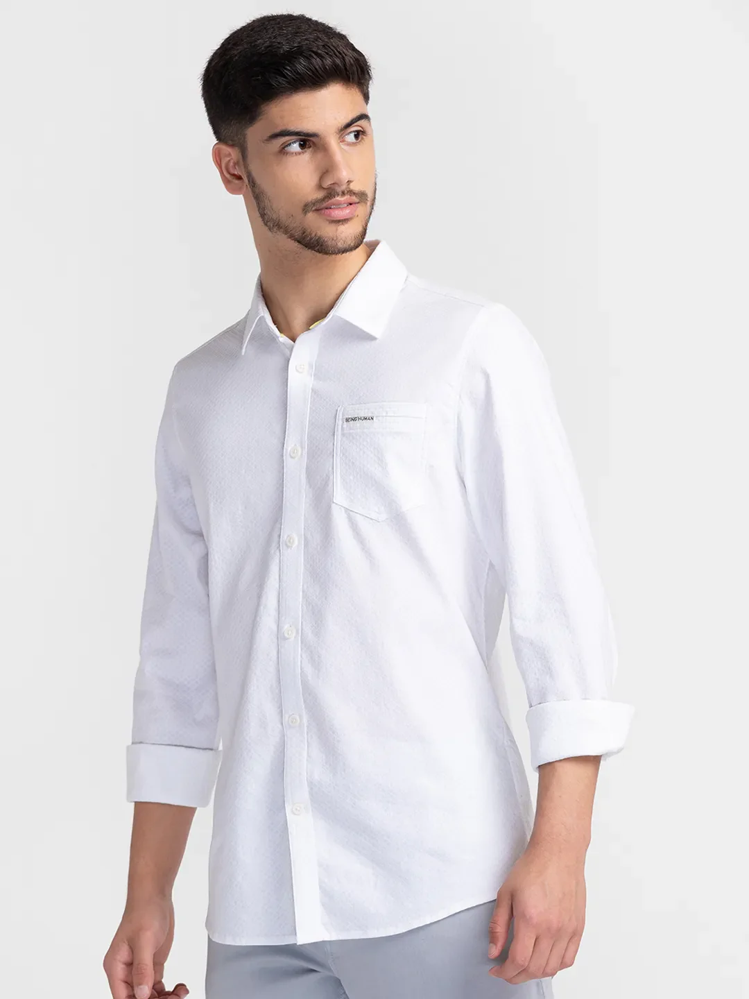 White Slim Straight Fit Regular Collar Long Sleeves Cotton Men's Shirt by Being Human Clothing - Image 4