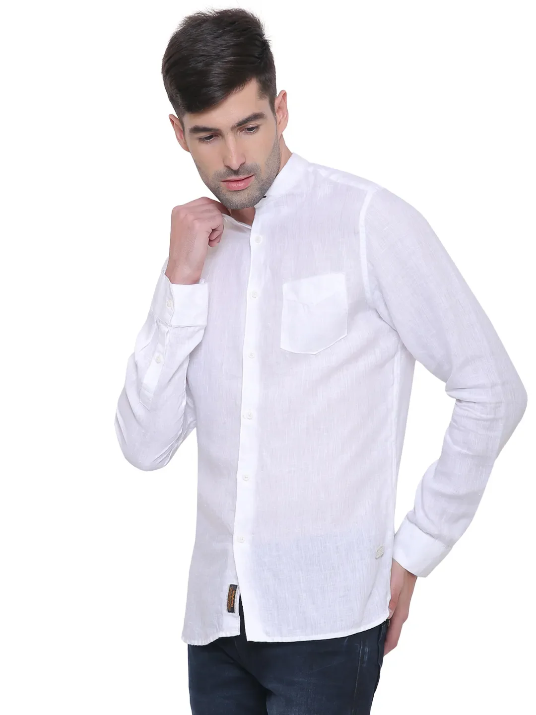 White Slim Straight Fit Mandarin Collar Long Sleeves Men's Shirt by Being Human Clothing - Image 2