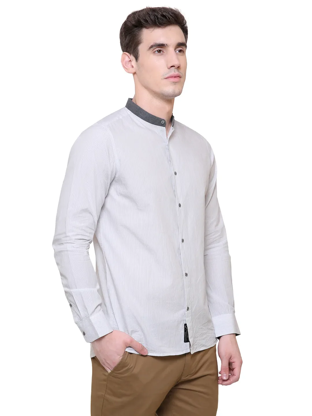 White Slim Straight Fit Mandarin Collar Long Sleeves Cotton Men's Shirt by Being Human Clothing