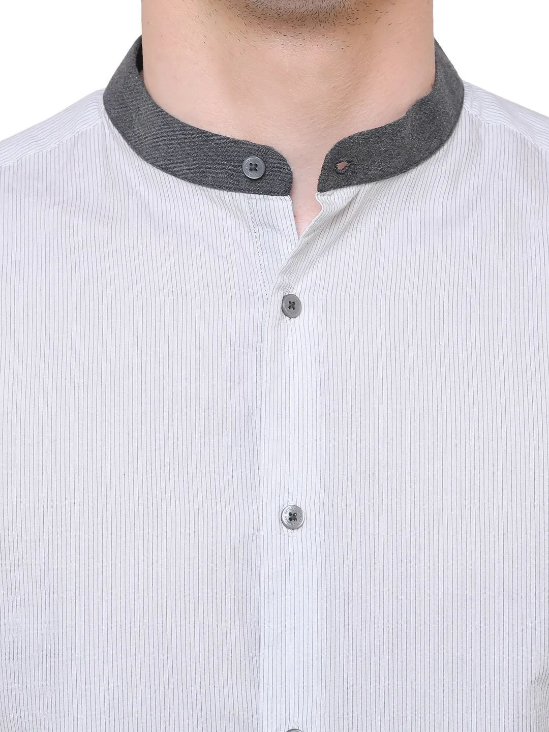 White Slim Straight Fit Mandarin Collar Long Sleeves Cotton Men's Shirt by Being Human Clothing - Image 5