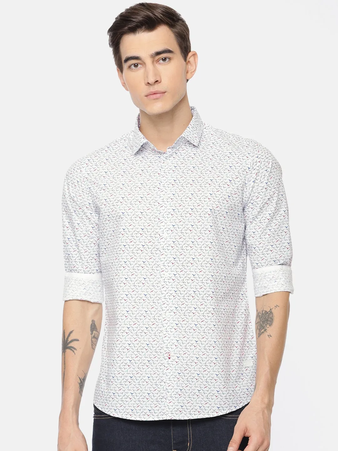 White Slim Straight Fit Regular Collar Long Sleeves Cotton Men's Shirt by Being Human Clothing