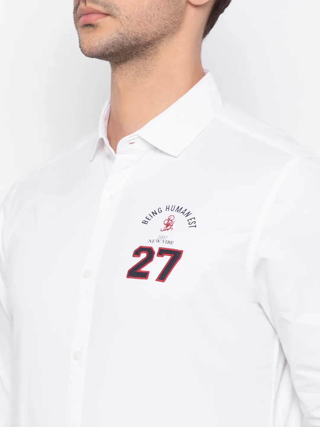 White Slim Straight Fit Regular Collar Long Sleeves Cotton Men's Shirt by Being Human Clothing - Image 3
