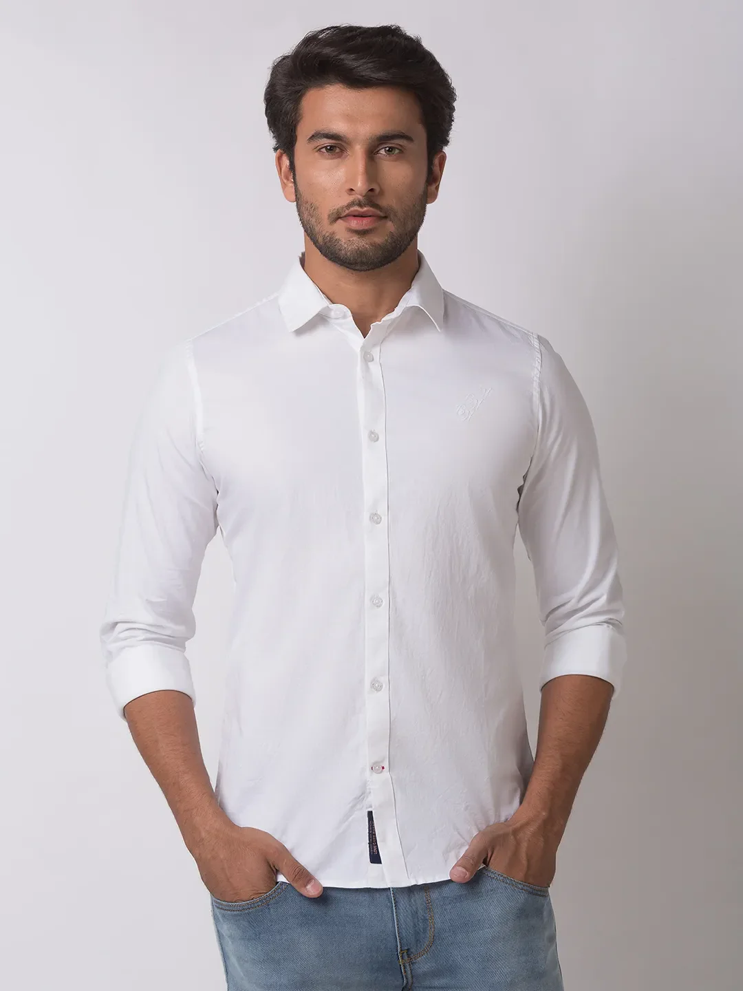 White Slim Straight Fit Regular Collar Long Sleeves Cotton Men's Shirt by Being Human Clothing