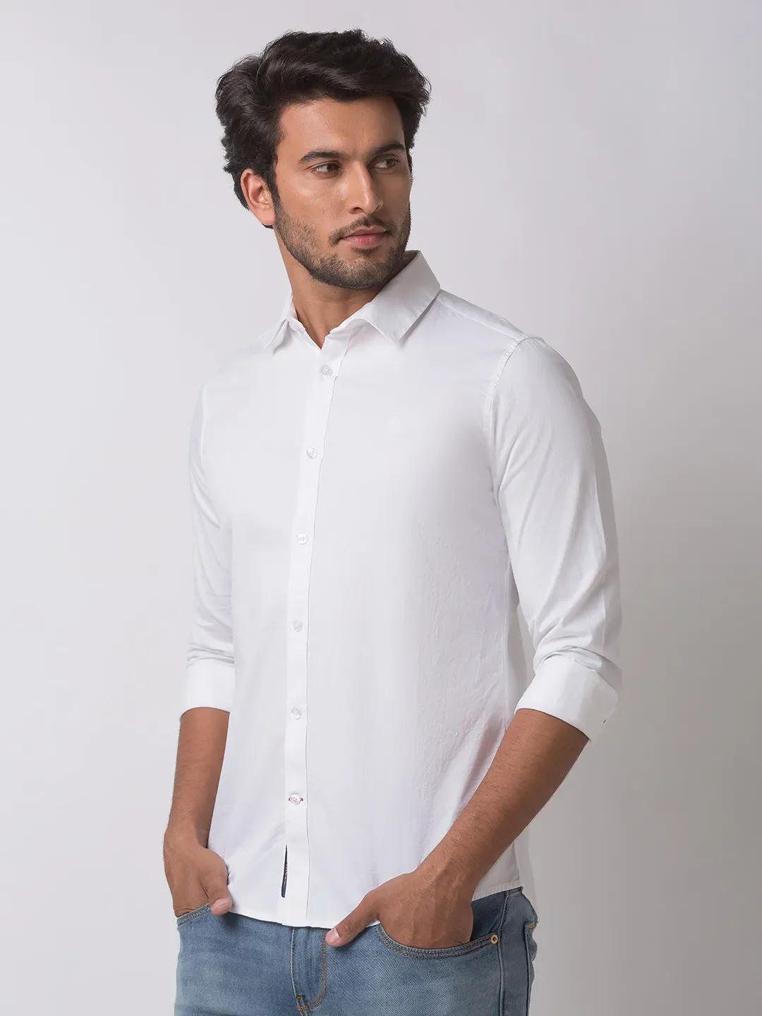 White Slim Straight Fit Regular Collar Long Sleeves Cotton Men's Shirt by Being Human Clothing - Image 2