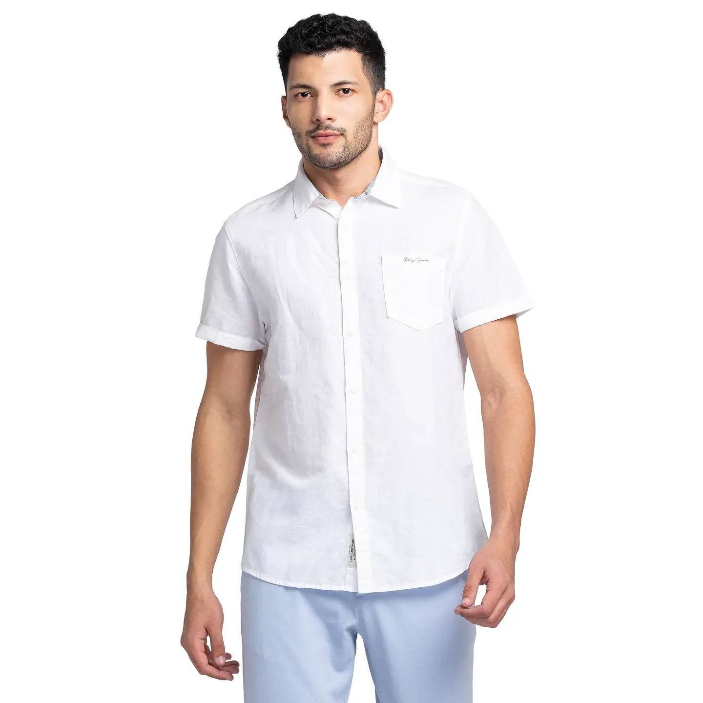 White Slim Straight Fit Regular Collar Short Sleeves Cotton Men's Shirt by Being Human Clothing