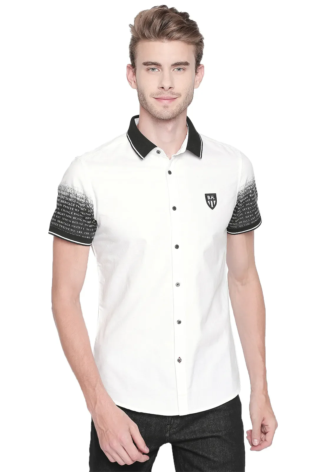 White Slim Straight Fit Regular Collar Short Sleeves Cotton Men's Shirt by Being Human Clothing