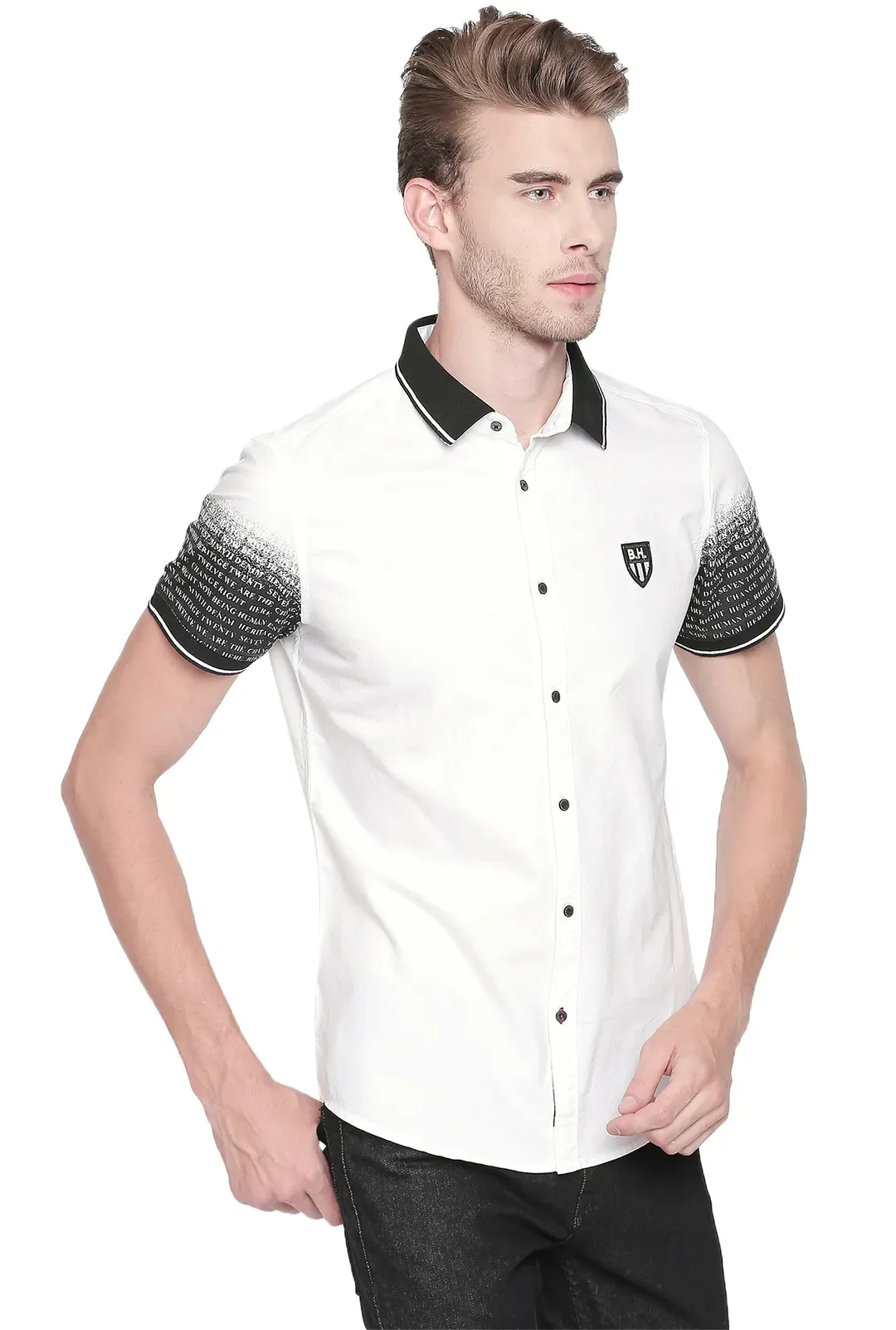 White Slim Straight Fit Regular Collar Short Sleeves Cotton Men's Shirt by Being Human Clothing - Image 2