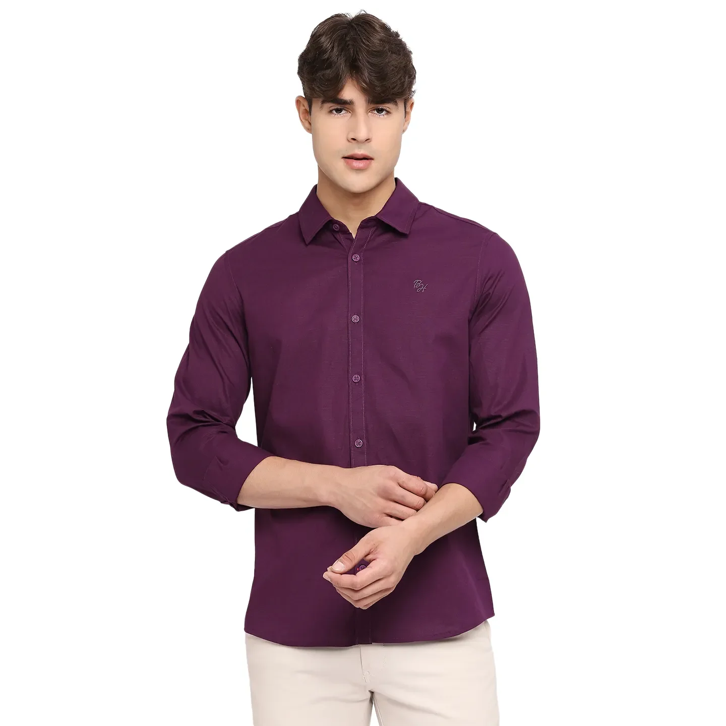 Red Slim Straight Fit Regular Collar Long Sleeves Cotton Men's Shirt by Being Human Clothing