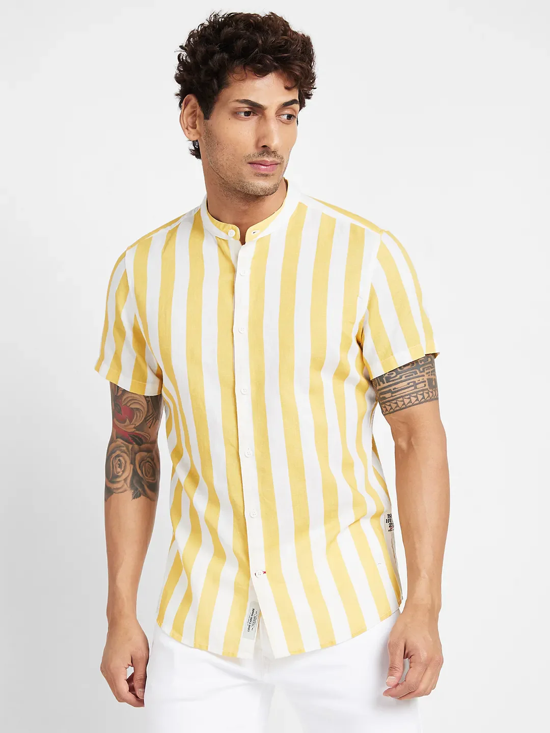 Yellow Slim Straight Fit Regular Collar Short Sleeves Men's Shirt by Being Human Clothing