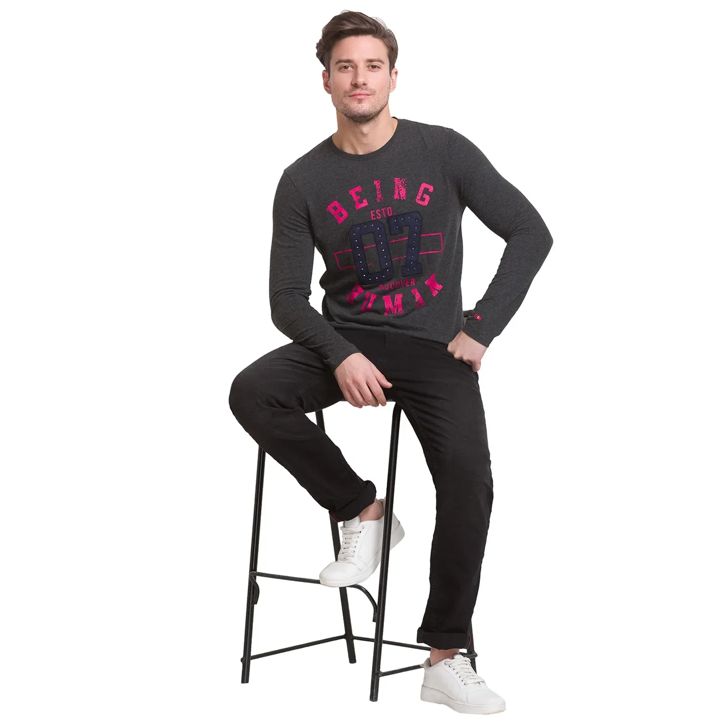 Grey Slim Straight Fit Men's Long Sleeves T-Shirt by Being Human Clothing - Image 3