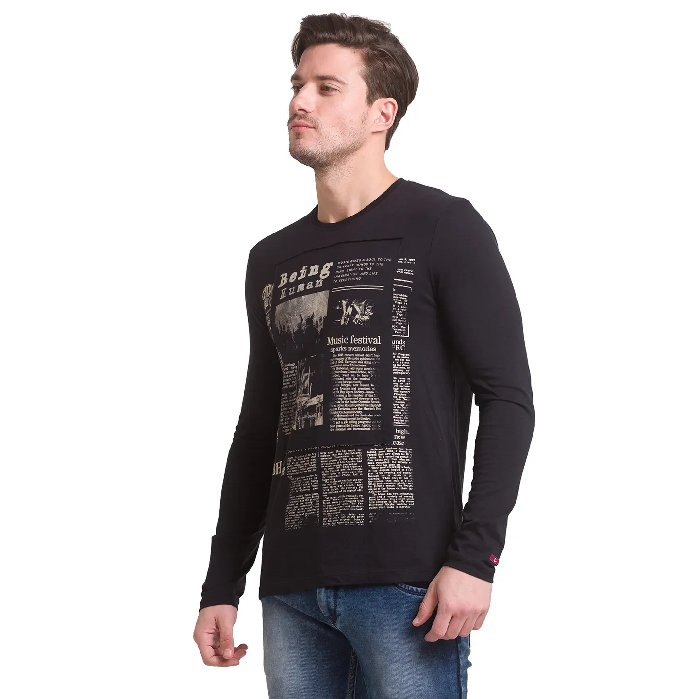 Black Slim Straight Fit Men's Long Sleeves T-Shirt by Being Human Clothing