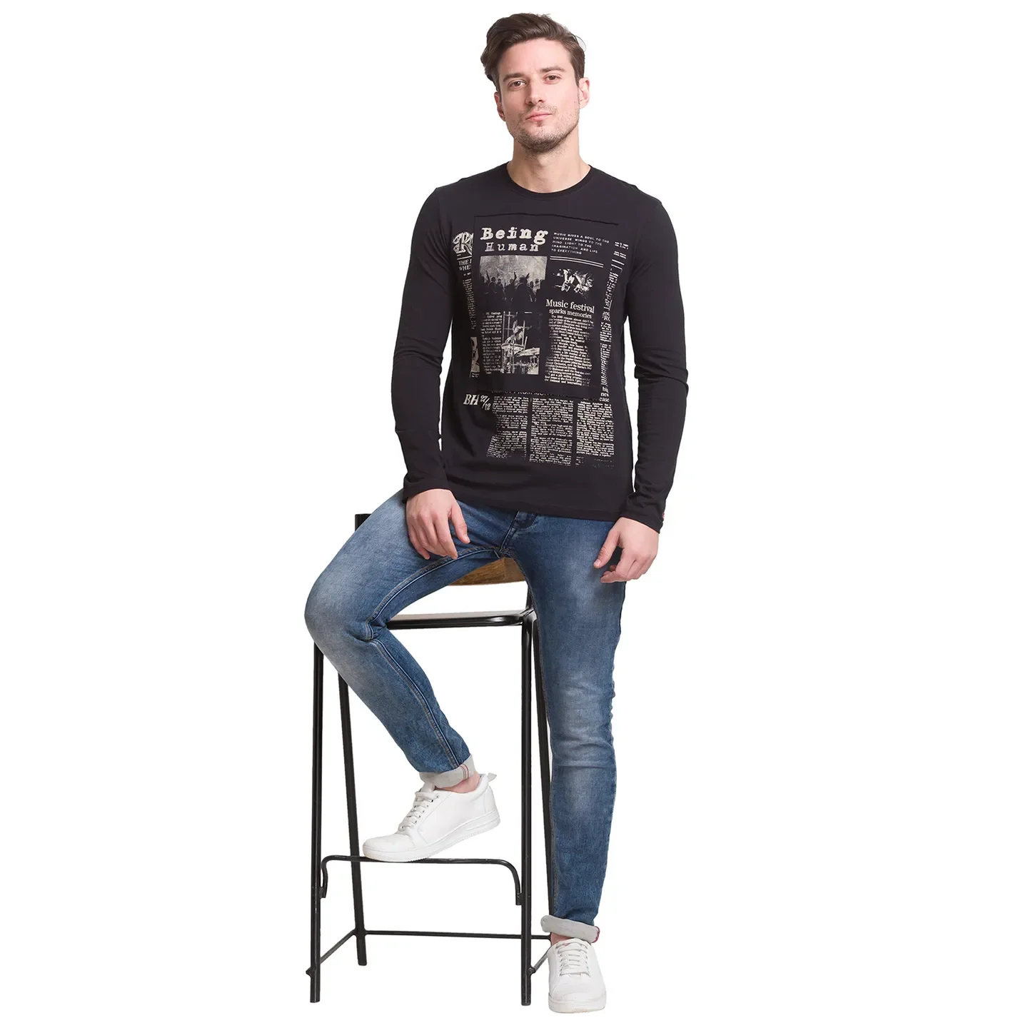Black Slim Straight Fit Men's Long Sleeves T-Shirt by Being Human Clothing - Image 3