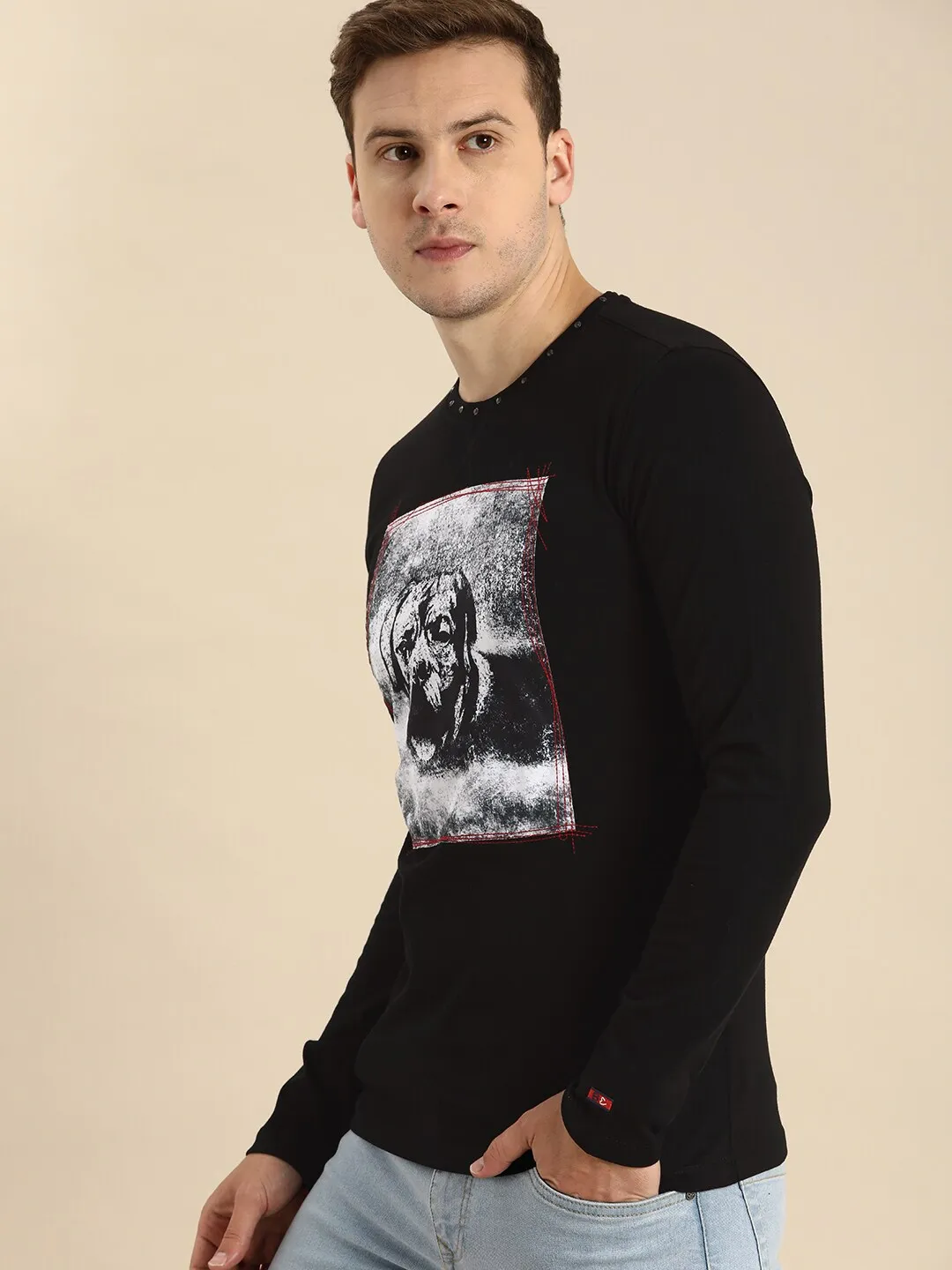 Black Slim Straight Fit Men's Long Sleeves T-Shirt by Being Human Clothing - Image 2
