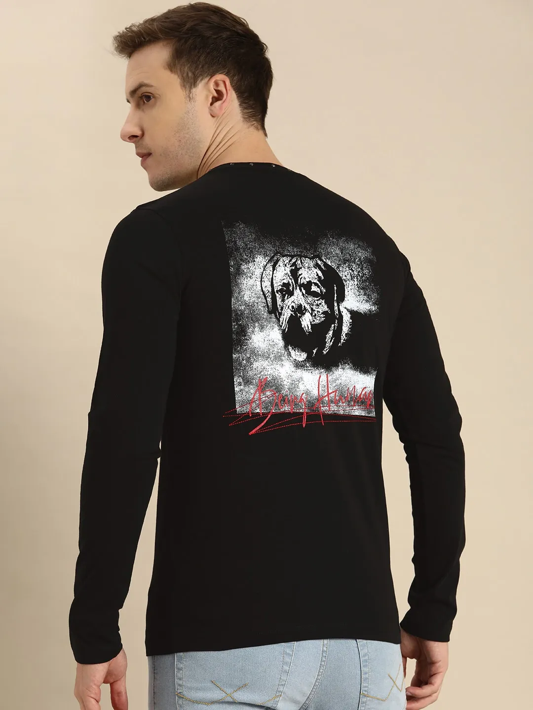 Black Slim Straight Fit Men's Long Sleeves T-Shirt by Being Human Clothing - Image 3