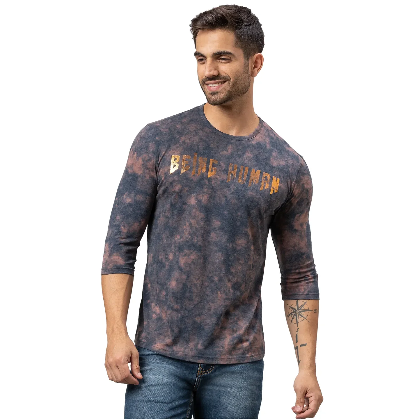 Blue Slim Straight Fit Men's Long Sleeves T-Shirt by Being Human Clothing