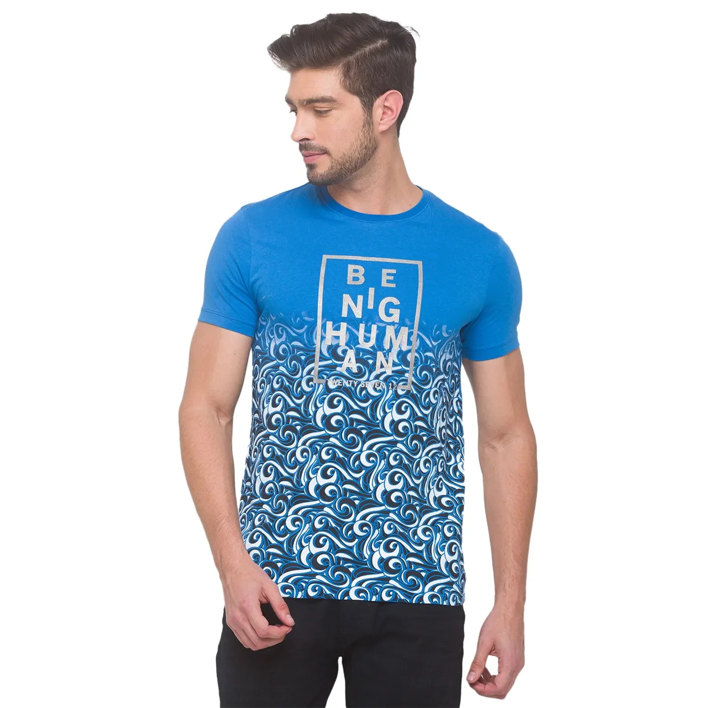Blue Slim Fit Round Neck Men's T-Shirt by Being Human Clothing