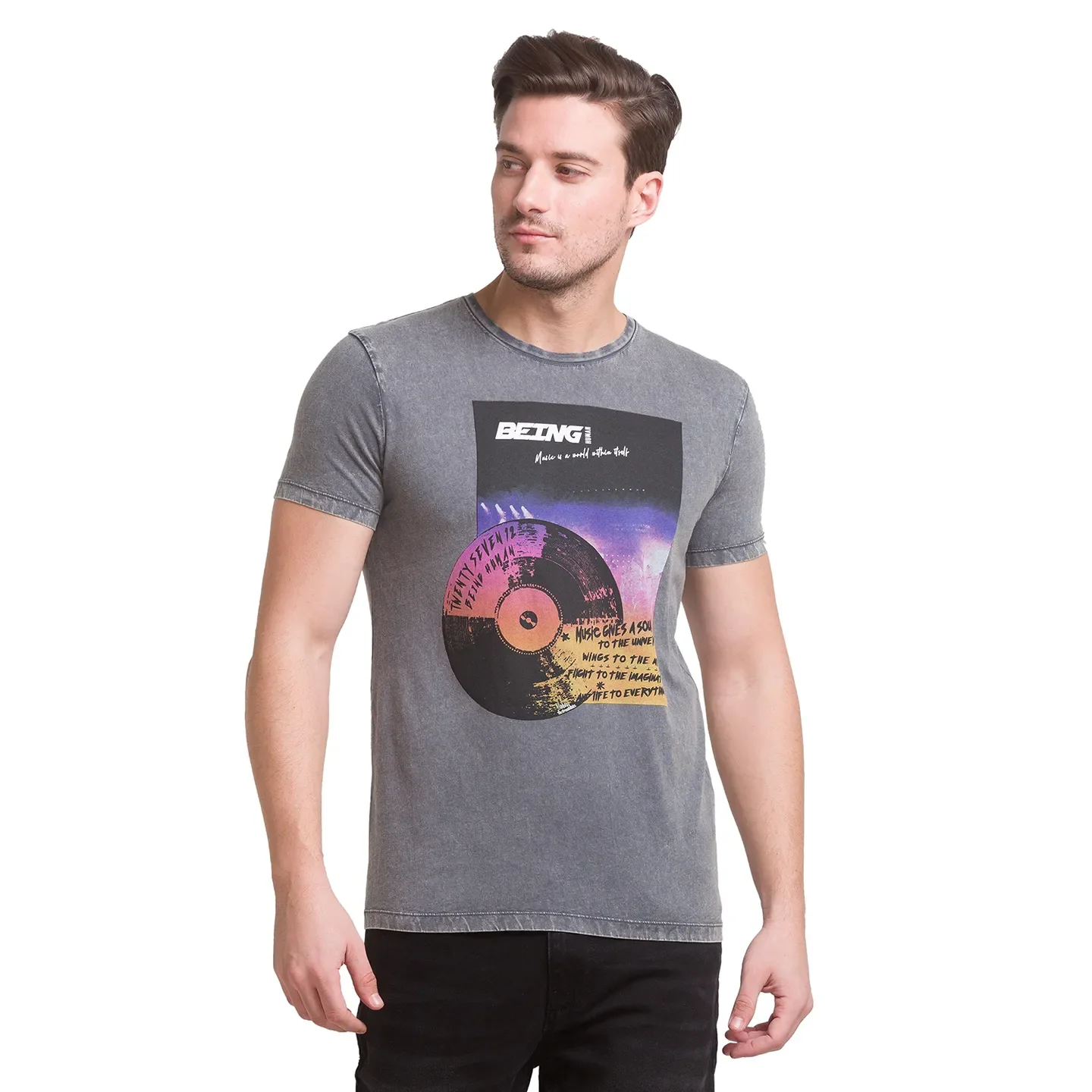 Charcoal Slim Fit Round Neck Men's T-Shirt by Being Human Clothing - Image 2