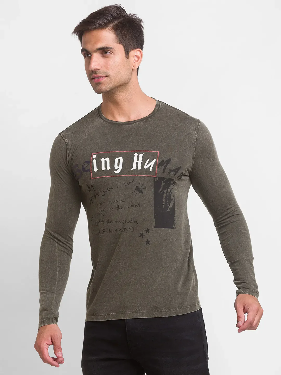 Green Slim Straight Fit Men's Long Sleeves T-Shirt by Being Human Clothing - Image 2