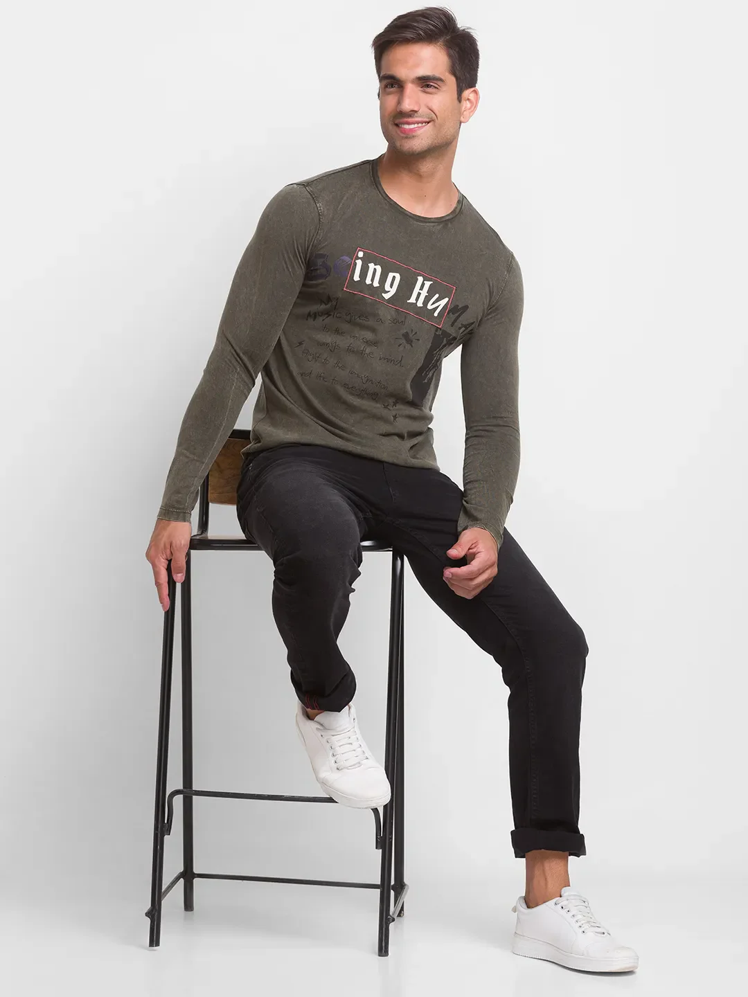 Green Slim Straight Fit Men's Long Sleeves T-Shirt by Being Human Clothing - Image 5