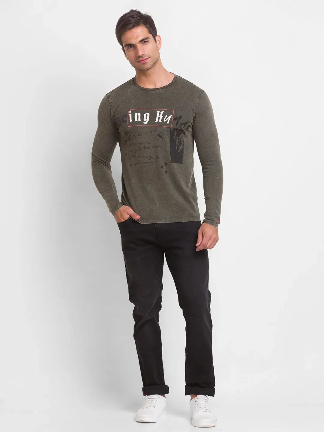 Green Slim Straight Fit Men's Long Sleeves T-Shirt by Being Human Clothing - Image 6