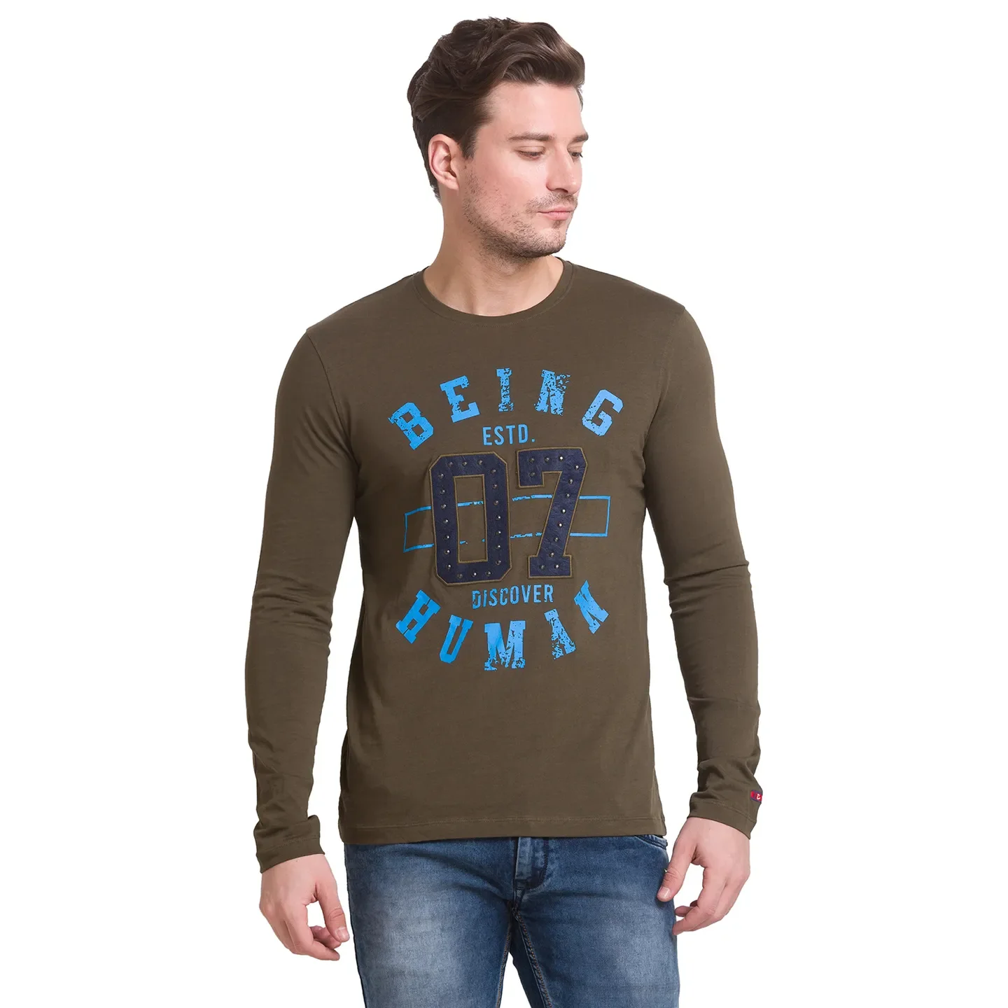 Green Slim Straight Fit Men's Long Sleeves T-Shirt by Being Human Clothing - Image 2