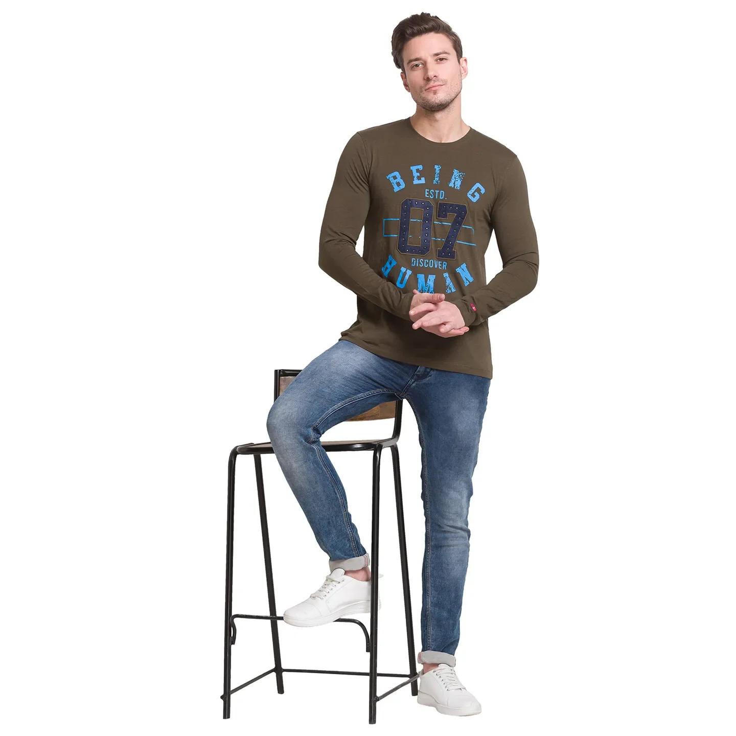 Green Slim Straight Fit Men's Long Sleeves T-Shirt by Being Human Clothing - Image 3