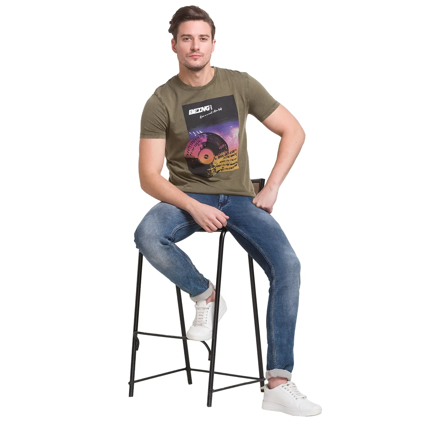 Dark Olive Slim Fit Round Neck Men's T-Shirt by Being Human Clothing - Image 4