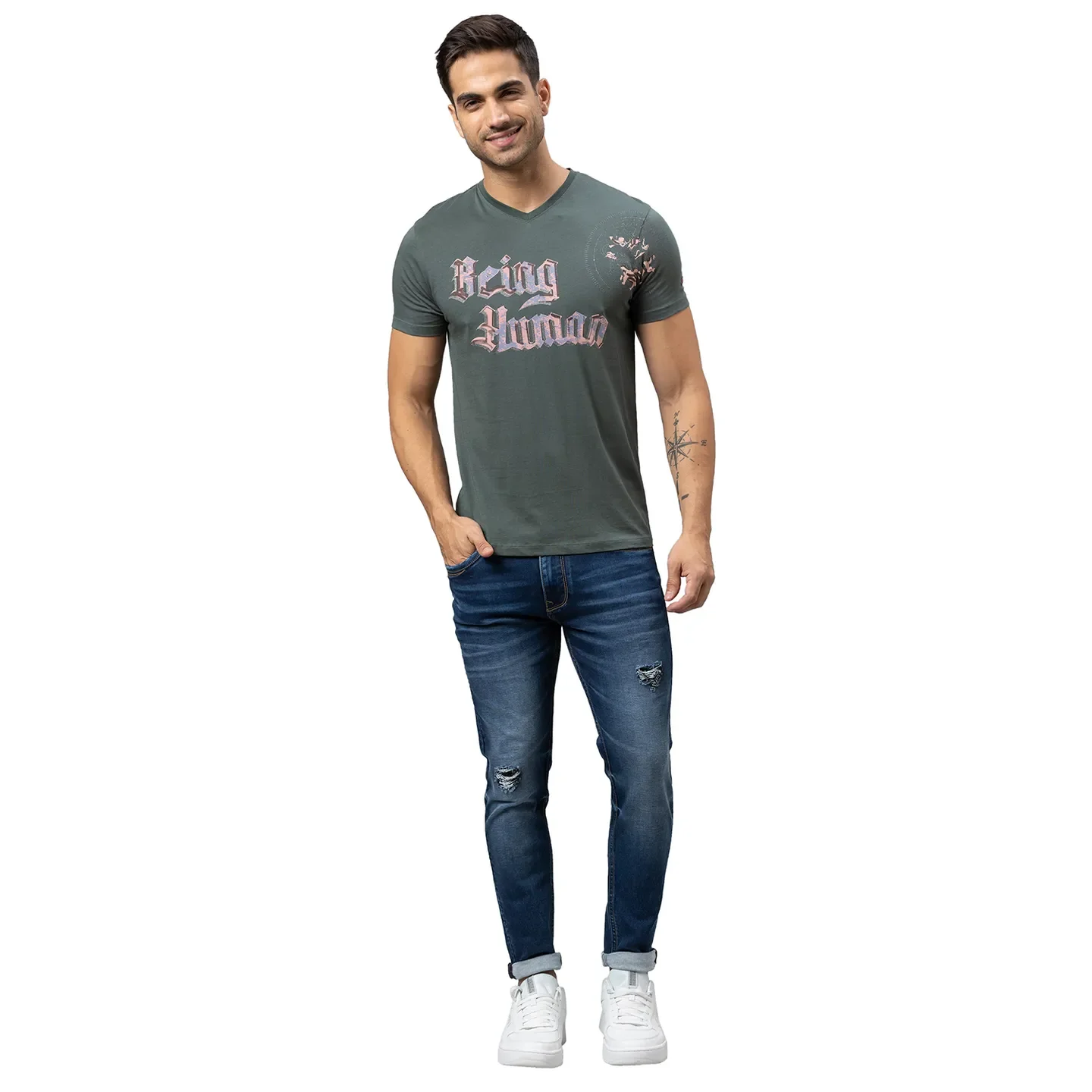 Forest Green Slim Fit Round Neck Men's T-Shirt by Being Human Clothing - Image 2
