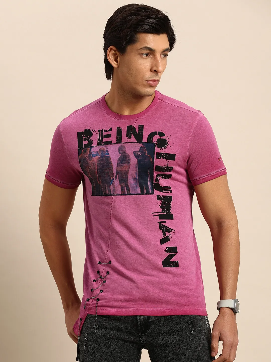 Fuchsia Slim Fit Round Neck Men's T-Shirt by Being Human Clothing