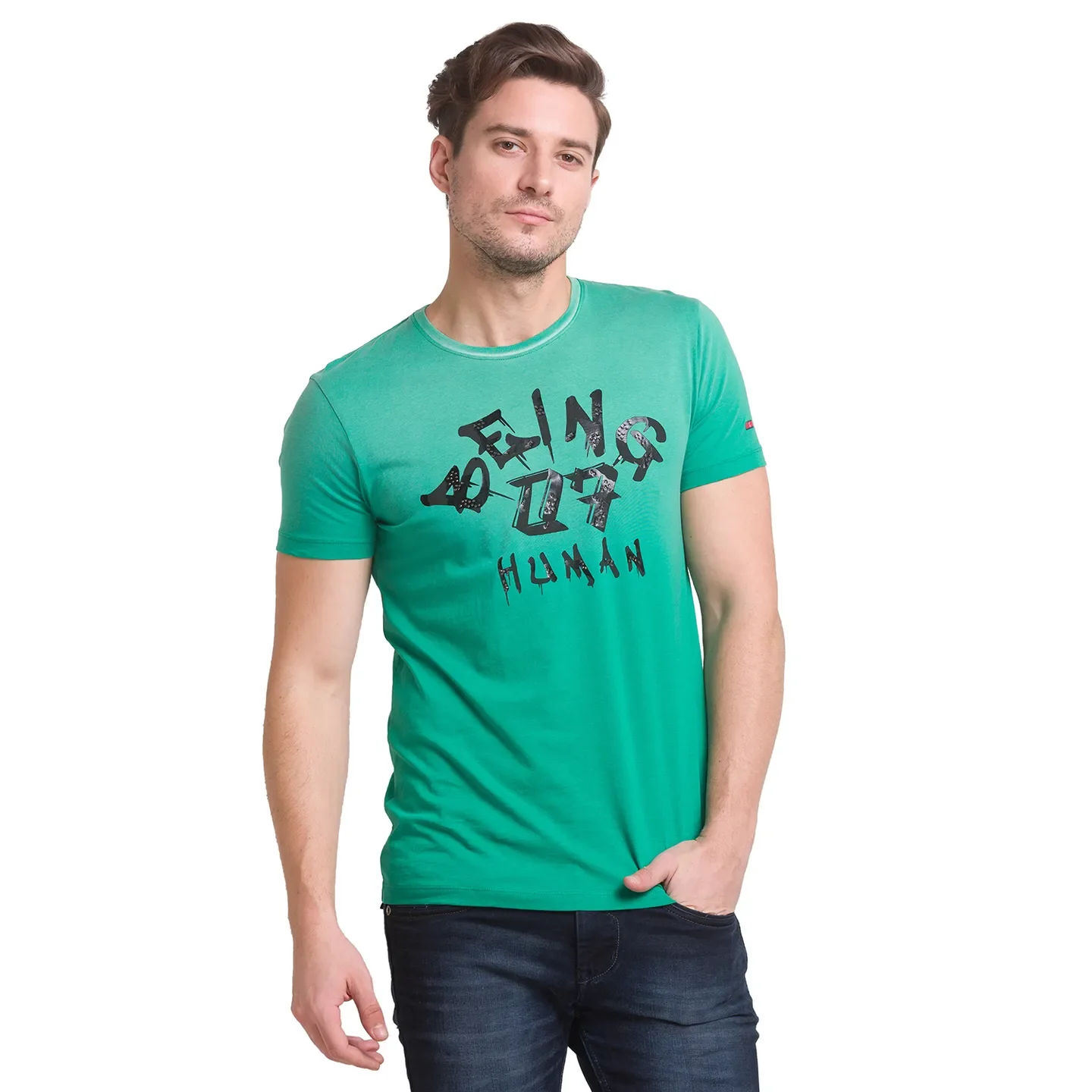 Green Slim Fit Round Neck Men's T-Shirt by Being Human Clothing - Image 2