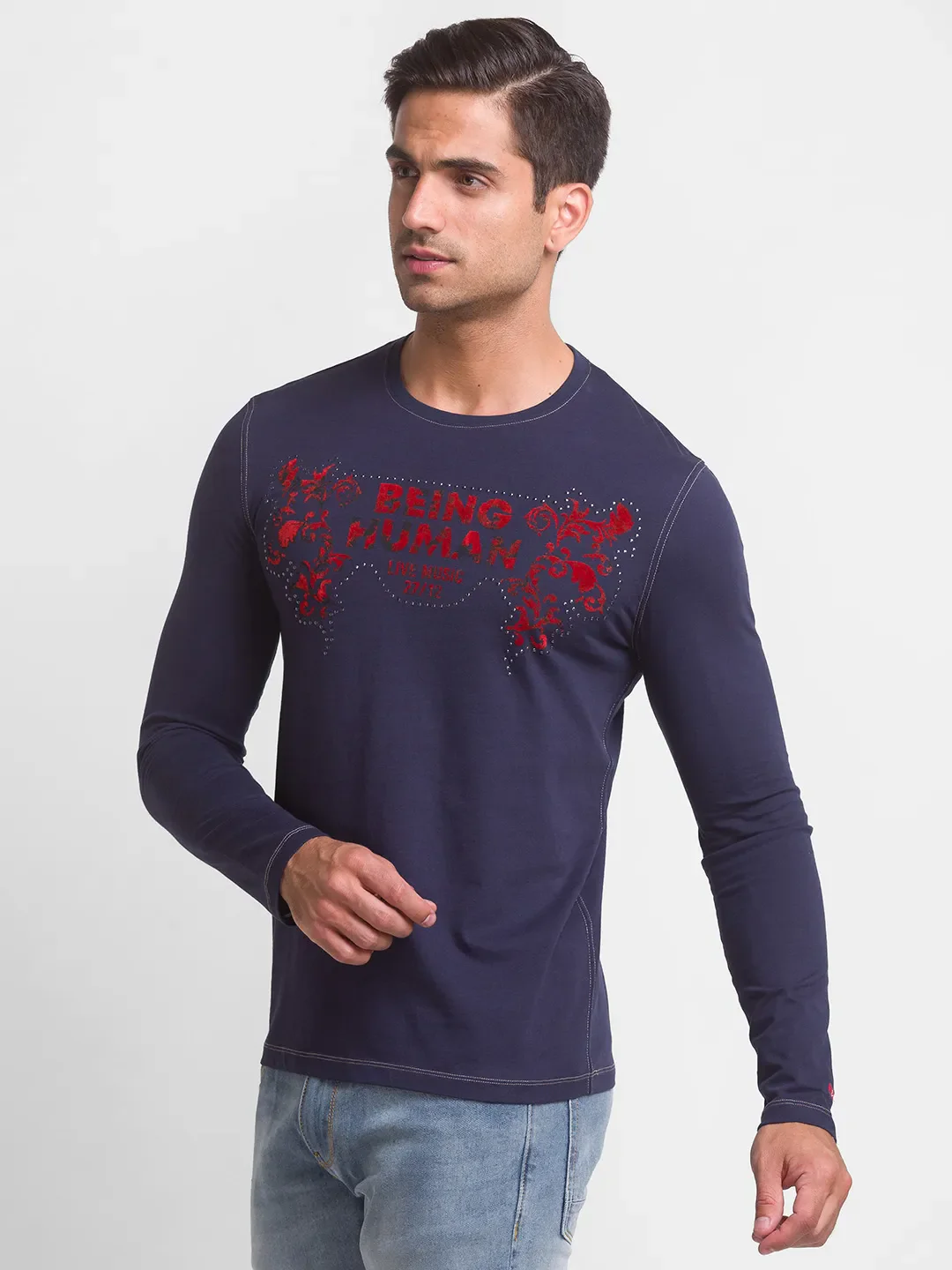 Blue Slim Straight Fit Men's Long Sleeves T-Shirt by Being Human Clothing - Image 2