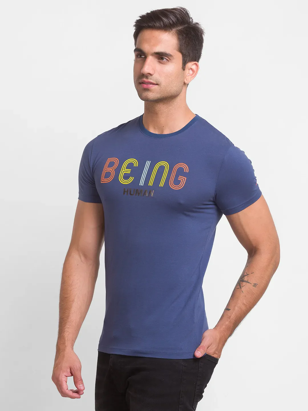 Ocean Blue Slim Fit Round Neck Men's T-Shirt by Being Human Clothing - Image 2