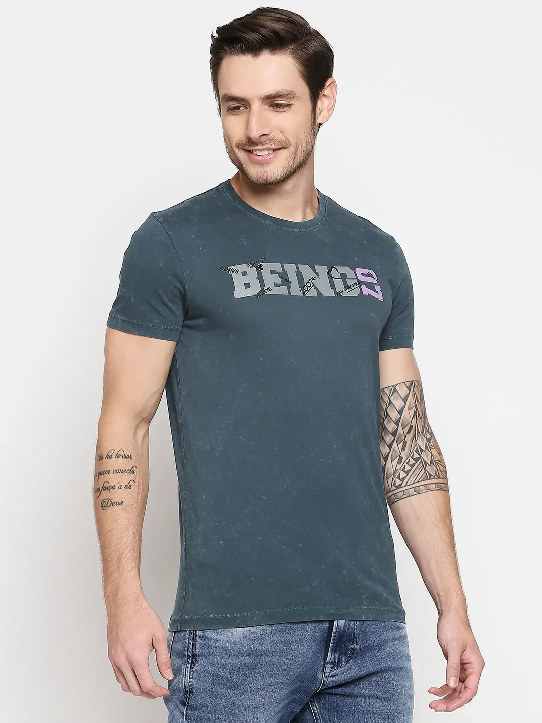 Teal Slim Fit Round Neck Men's T-Shirt by Being Human Clothing - Image 3