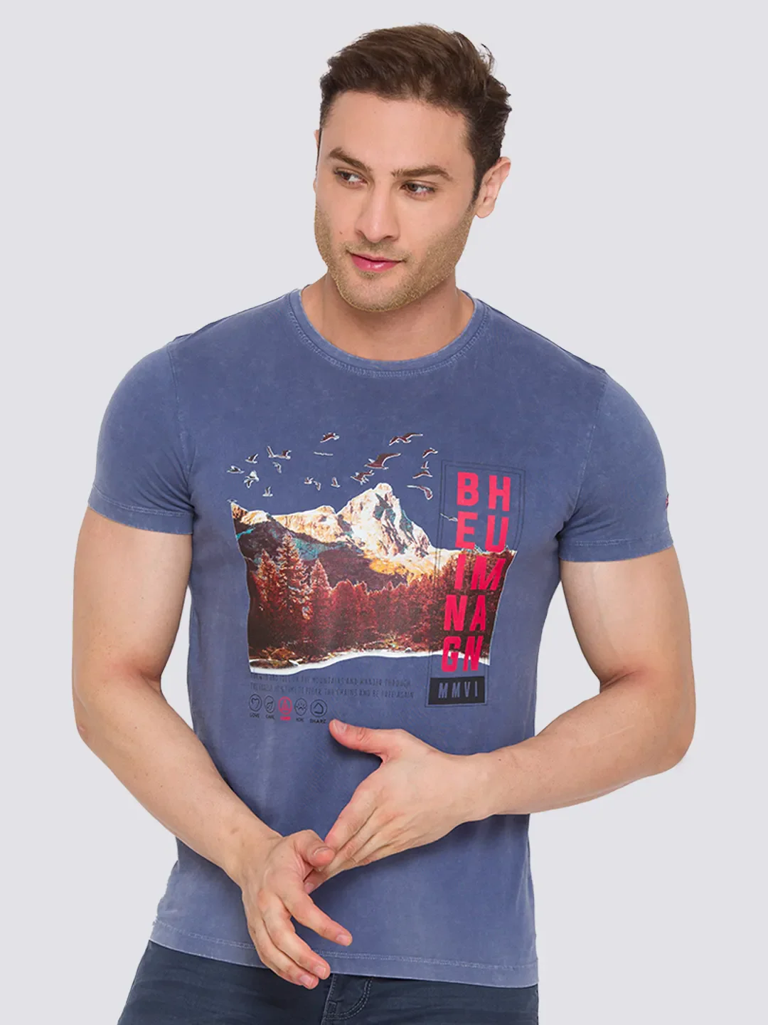 Vintage Blue Slim Fit Round Neck Men's T-Shirt by Being Human Clothing