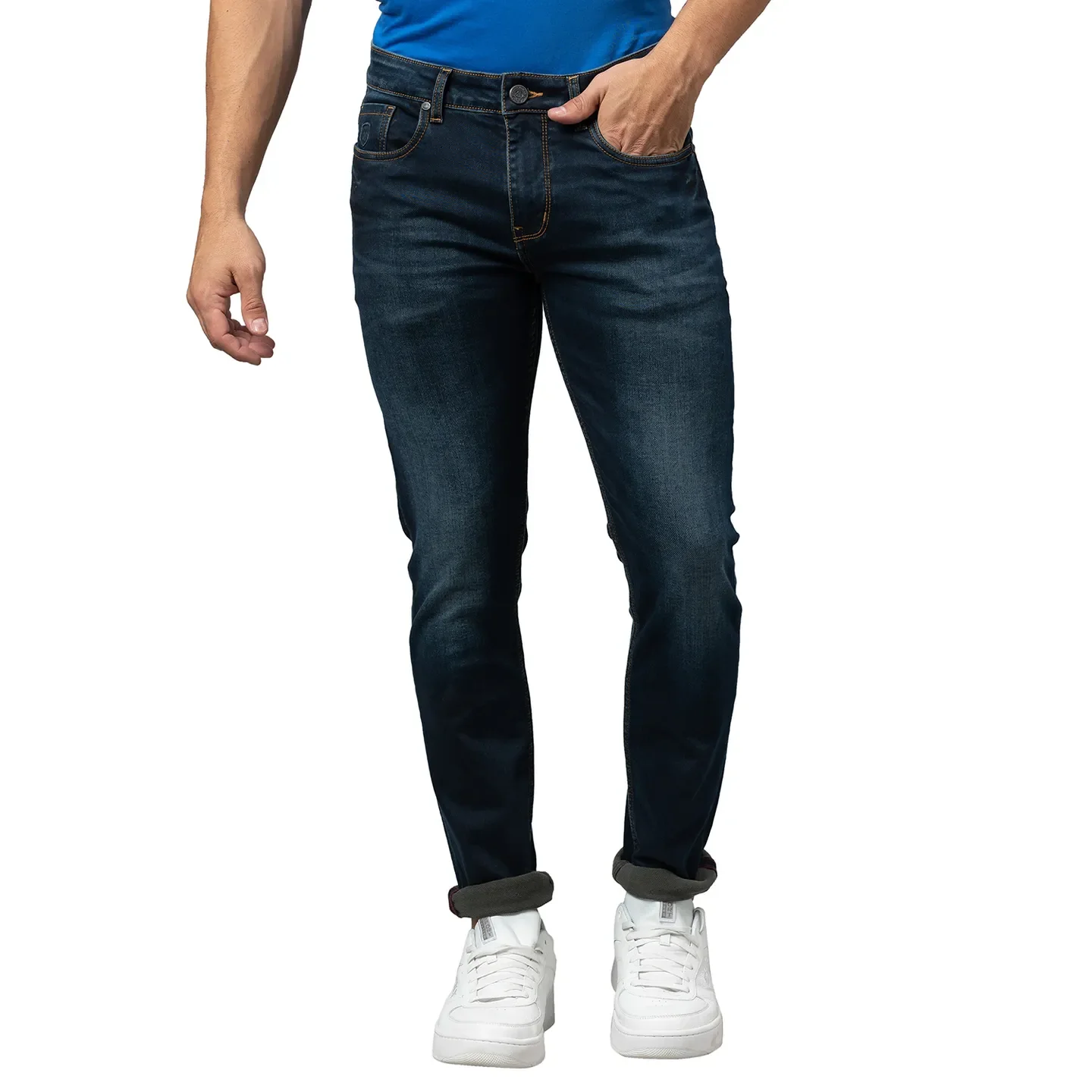 Dark Blue Slim Fit Denims For Men By Being Human Clothing