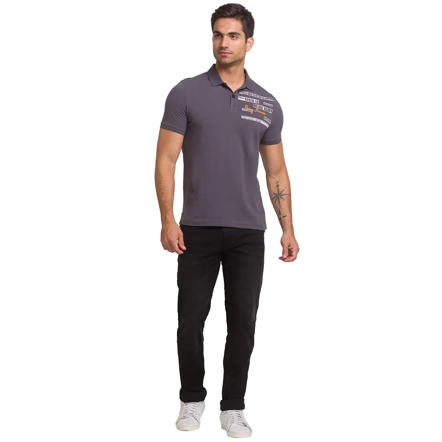 Grey Slim Straight Fit Men's Polo T-Shirt by Being Human Clothing - Image 2