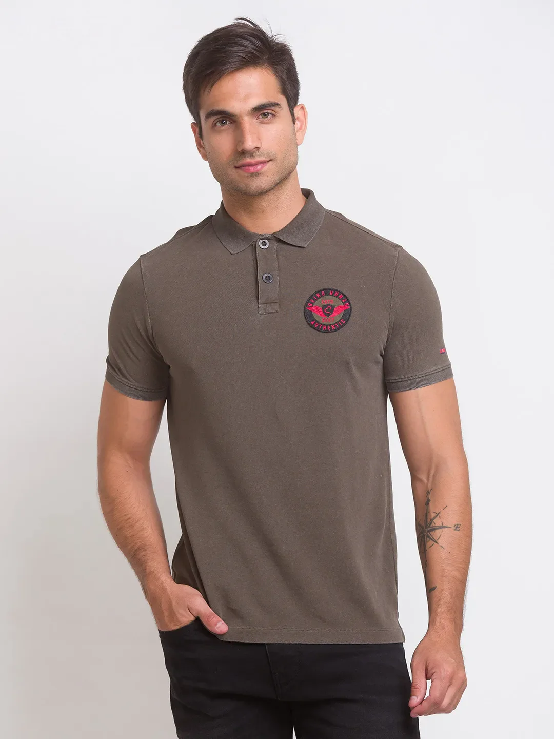 Olive Slim Fit Men's Polo T-shirt by Being Human Clothing